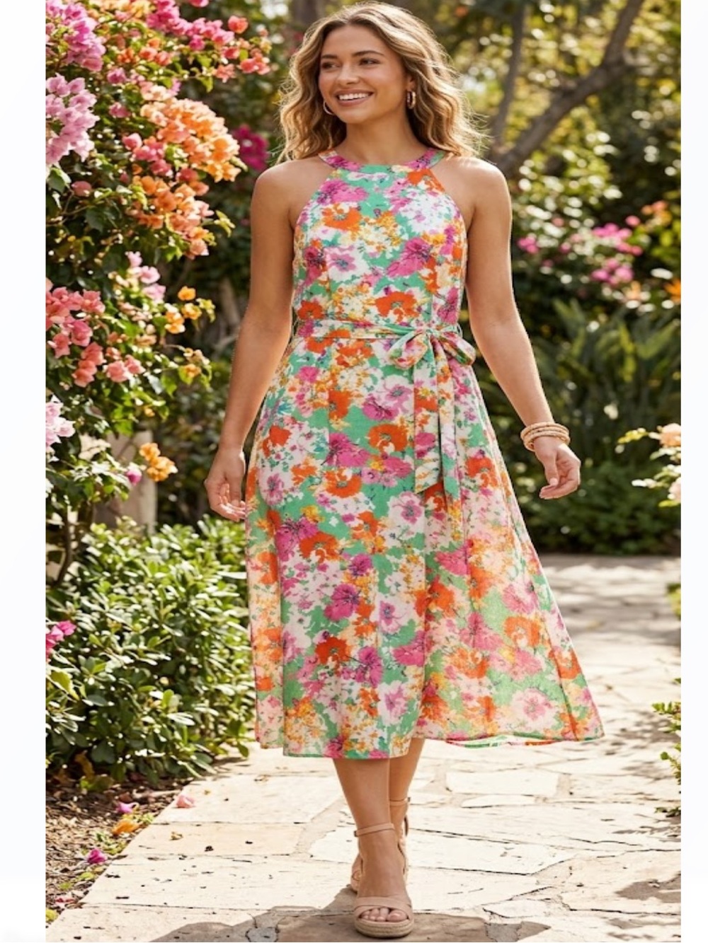 Premier Amour Floral Halter Dress - Green, Pink & Orange